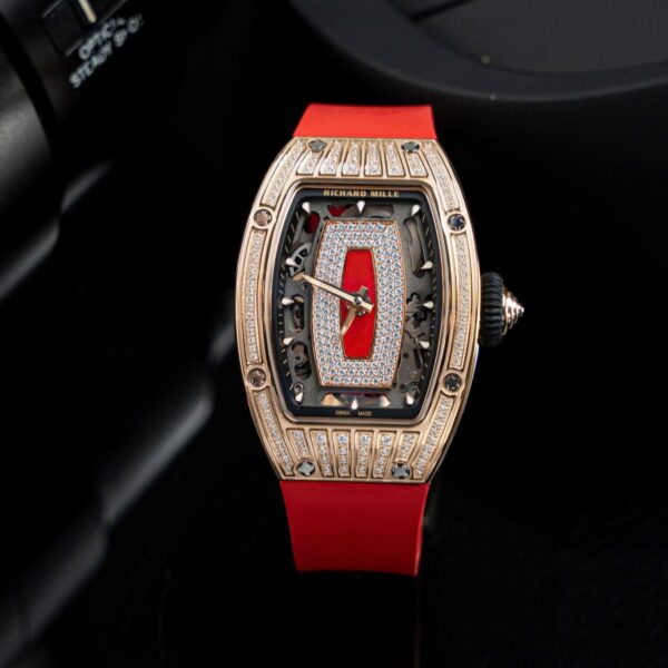 richard-mille-rm07-01 lady-rose-gold-diamonds-jasper-dial-rubber-strap-1:1-super-clone ZF 45.32mm x 32.3mm