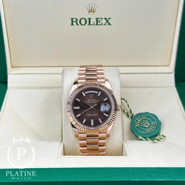 Rolex Day Date-228235-0003-Chocolate Baguette Diamond Dial-18K Solid Rose Gold
