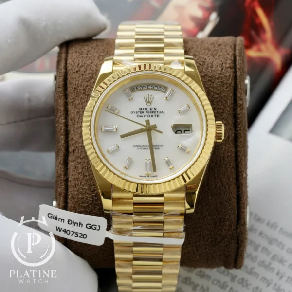 Rolex Day Date-228238-0071-Mop Baguette Moissanite Index Dial-18K Yellow Gold Wrapped