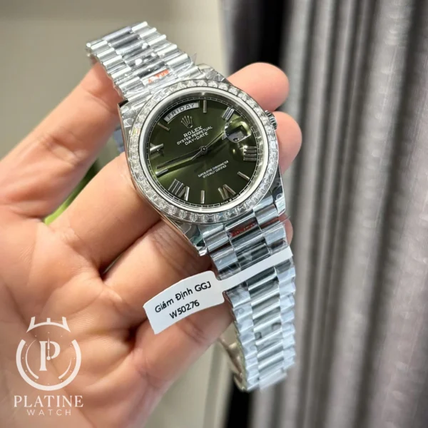 Rolex Day Date-228239-Green Roman Dial Custom Baguette Moissanite Bezel