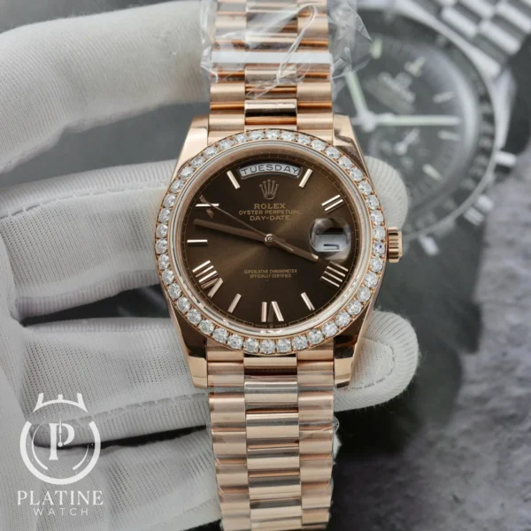 Rolex Day Date-228345Rbr-0009-18K Gold Wrapped Chocolate Roman Index Dial Moissanite Bezel