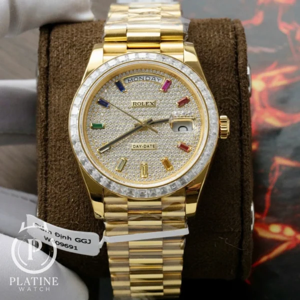 Rolex Day Date-40-Diamond Paved Rainbow Dial-18K Yellow Gold Wrapped Baguette Moissanite Bezel Best Replica