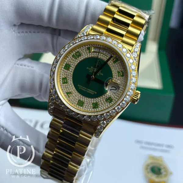 Rolex Day Date-40-Green Diamond Paved Arabic Dial-18K Gold Wrapped Custom Moissanite Dial Dial Best Replica-40Mm