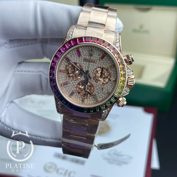 Rolex Daytona-116595Rbow Rainbow Pave Diamond Dial-18K Gold Wrapped Custom Moissanite Best Replica-40Mm
