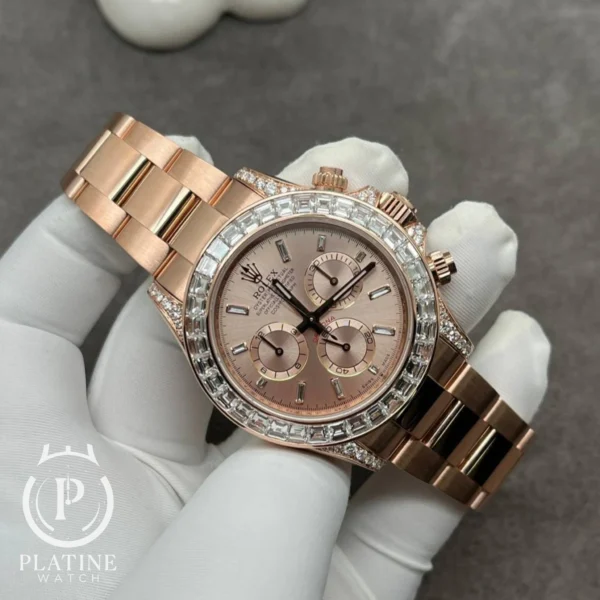 Rolex Daytona Replica 126595TBR-0001 - Sundust Diamond-Set Dial - Custom Made 18K Solid Pink Gold - Baguette Diamonds