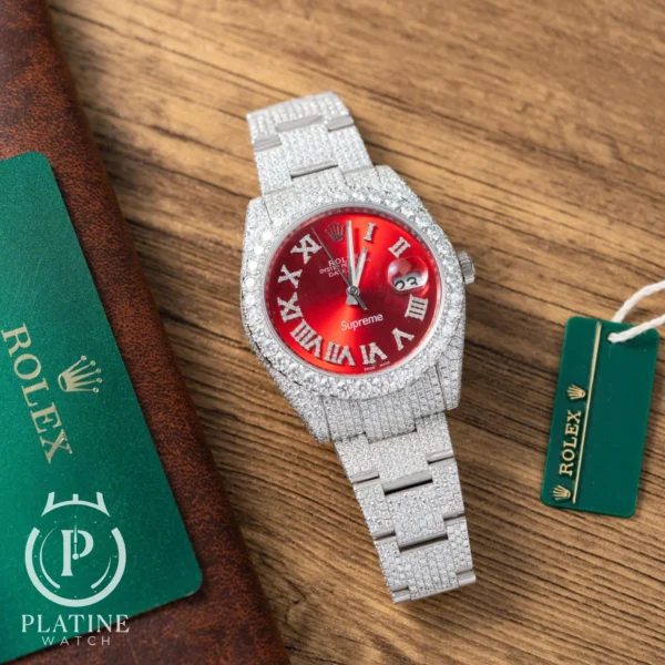 Rolex Datejust Red Roman Dial Iced Out Moissanite Best Replica-41Mm